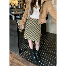 实拍~绿色格纹呢料高腰A字半身裙miu感中裙遮跨显瘦女秋冬新款