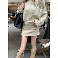 批发实拍~经典重工百搭深灰燕麦毛呢半身短裙小众扣眼设计A字包臀裙