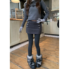 批发实拍~经典重工百搭深灰燕麦毛呢半身短裙小众扣眼设计A字包臀裙