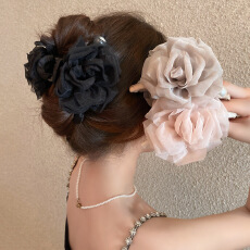 批发温柔网纱气质花朵头发抓夹女高级感鲨鱼夹盘发夹子发饰2025年新款