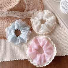 批发浅蓝色条纹双层蕾丝大肠发圈女清新扎头发丸子头发绳侧低马尾头绳