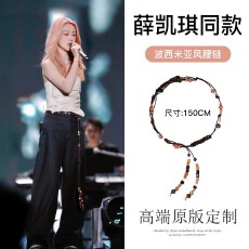 批发薛凯琪同款橙黄撞色串珠腰链女复古民族风编织绳腰带百搭腰绳配饰