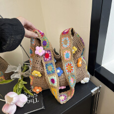 批发清新彩色花朵斜挎包包女士2025潮编织单肩包度假大容量通勤托特包