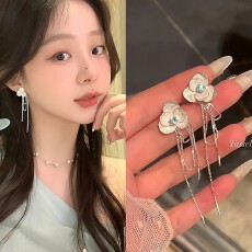批发韩系百搭高级感微镶锆石滴釉花朵耳钉女轻奢小众长款流苏耳环耳饰