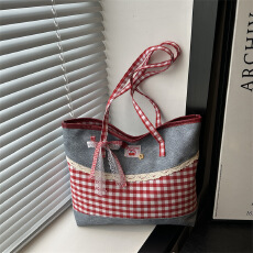 批发2025韩版ins风休闲格子腋下包包女<b class='q'>时尚</b><b class='q'>潮流</b>甜美蝴蝶结单肩托特包