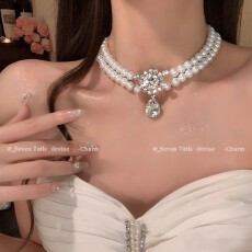 批发轻奢小众高级感名媛同款双层叠加珍珠项链爆闪夸张大锆石吊坠颈链