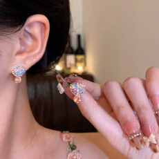 批发S925银针微镶彩色锆石爱心耳环女甜美百搭气质水晶吊坠耳钉耳饰品