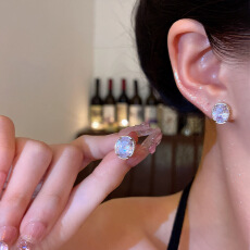 批发韩系爆闪椭圆形大锆石耳钉女轻奢小众简约大气耳环网红同款耳饰品