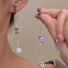 批发超闪紫色锆石长款流苏耳环女轻奢小众高级感耳钉网红同款耳饰