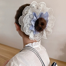 批发超仙韩系蓝色格子蕾丝大肠发圈女高级感丸子头慵懒风超大发饰头绳