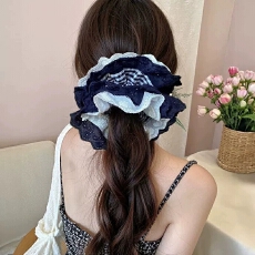 批发藏青格纹爱心蕾丝花边双层大肠发圈女扎头发丸子头发绳低马尾头绳