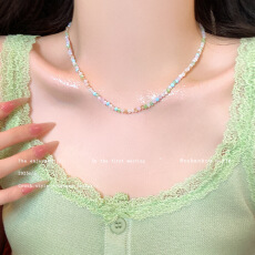 批发薄荷曼波~绿色串珠项链女夏天双层叠戴颈链配饰海边多巴胺锁骨链