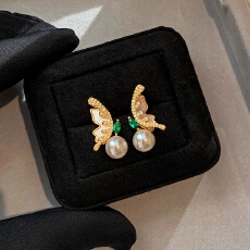 批发天然贝母法式绿色钻石蝴蝶珍珠耳钉女轻奢高级感气质时尚耳环耳饰
