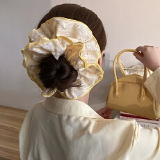 批发法式奶黄色波点大肠发圈甜美少女超大头花丸子头扎发头绳发绳发饰