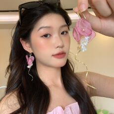 批发浪漫花语仙气粉色薄纱甜美花朵流苏耳环女小众高级感耳钉耳饰