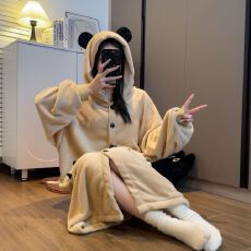 2026爆款均码袍套冬季新款连帽睡袍长裤240克法兰绒睡衣女