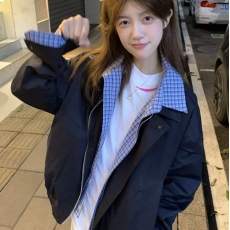 批发美式复古格子假两件冲锋衣外套女2025年春秋宽松BF慵懒风工装夹克