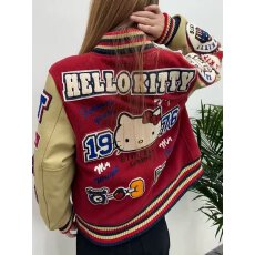 批发春秋美式KT猫刺绣男女夹克拼皮<b class='q'>棒球</b>服宽松情侣装嘻哈重工潮流外套