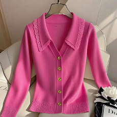 批发纯欲慵懒风女装粉色蕾丝花边针织衫早秋季新款高级感洋气长袖上衣