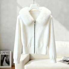 批发法式气质毛领拉链长袖毛衣开衫女2025秋冬新款高级感显瘦加厚外套