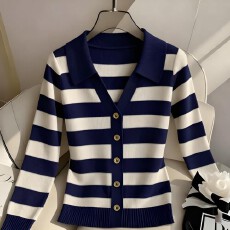 批发2025新款条纹翻领长袖针织开衫女秋冬季爆款懒风气质上衣打底衫