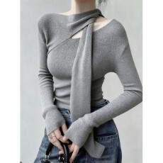 批发秋季独特超好看单穿上衣法式小众设计感洋气减龄<b class='q'>通勤</b>风灰色针织衫