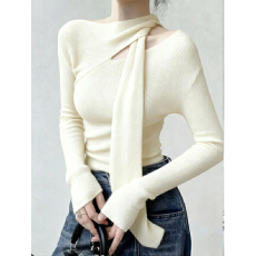 批发秋季独特超好看单穿上衣法式小众设计感洋气减龄<b class='q'>通勤</b>风白色针织衫