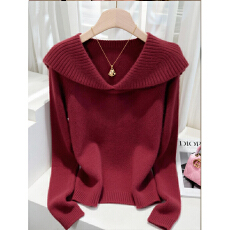 批发2025秋<b class='q'>冬</b>季新款女装翻领红色毛衣高级感慵懒风减龄套头针织衫爆款