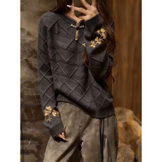 批发深灰色立领长袖针织衫女2025秋<b class='q'>冬</b>新款新中式高端精致绣花大码毛衣