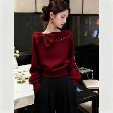 批发毛衣女款2025新款秋<b class='q'>冬</b>巨好看气质高端红色蝴蝶结内搭针织衫上衣厚