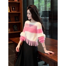 批发韩系秋<b class='q'>冬</b>装撞色毛衣女爆款2025新款慵懒风V领针织衫洋气流苏上衣