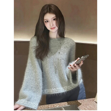 批发高端小资小上衣宽松慵懒风软糯针织上衣洋气灰色套头毛衣女2025<b class='q'>冬</b>