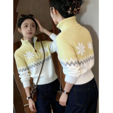 批发费尔岛提花拉链翻领毛衣女2025<b class='q'>冬</b>季新款小个子减龄百搭软糯针织衫
