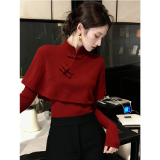 批发新中式红色斗篷盘扣毛衣2025秋冬高级感上衣轻熟气质巨好看针织衫