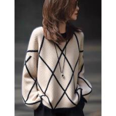 批发2025冬季新款<b class='q'>女装</b>长袖拼色圆领针织衫毛衣菱形设计感时尚洋气百搭