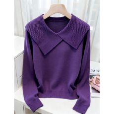 批发紫色翻领针织衫上衣女2025秋冬新款法式轻熟风高级感洋气时尚毛衣