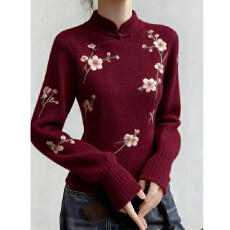 批发2025国风潮流新中式梅花刺绣盘扣立领毛衣女红色国风保暖针织衫女