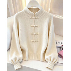 批发新中式纯色立领盘扣粗线毛衣2025秋季独特超好看短款灯笼袖针织衫