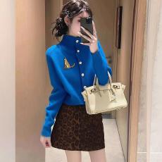 批发克莱因蓝色高领毛衣女冬季2025新款超好看针织开衫外套显白上衣女