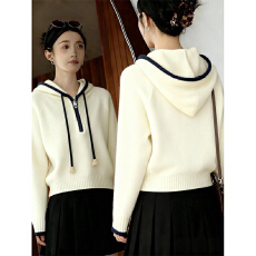 批发韩系白色慵懒风气质连帽针织衫女秋冬新款<b class='q'>休闲</b>百搭宽松显瘦上衣潮