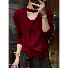 批发红色V领长袖针织衫女2025秋冬新款高级感飘带设计轻奢大码毛衣潮