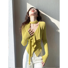 批发柃檬黄长袖T恤2026新款绝美巨好看收腰显瘦荷叶边气质女神范上衣