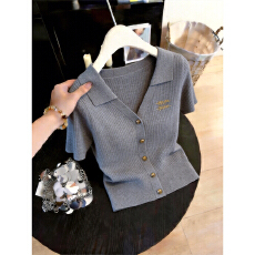 批发韩版轻奢灰色翻领短袖<b class='q'>针织</b>衫女装2026年夏季新款修身显瘦气质上衣