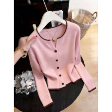 批发<b class='q'>韩版</b>淑女风粉色设计感针织开衫2026早春季新款洋气薄款长袖上衣女