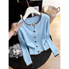 批发<b class='q'>韩版</b>淑女风蓝色设计感针织开衫2026早春季新款洋气薄款长袖上衣女