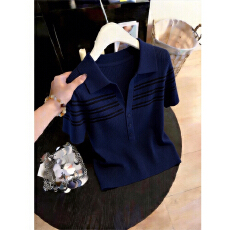 批发韩系条纹半开领藏蓝短袖t恤女夏季2026新款设计感小众<b class='q'>针织</b><b class='q'>衫</b>上衣