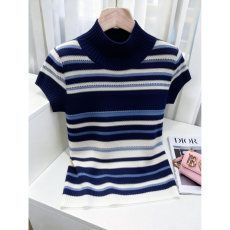 批发夏季新款独特别致气质超好看短袖条纹针织上衣显瘦设计感T恤<b class='q'>女装</b>