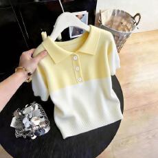批发柠檬黄撞色POLO领短袖T恤女2026夏季新款韩版百搭气质针织衫上衣