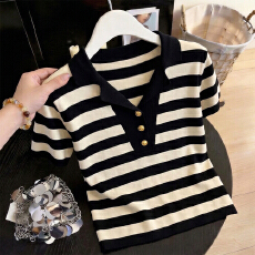 批发条纹V领短袖T恤Polo衫女夏季大码胖mm显瘦高级感正肩休闲打底上衣