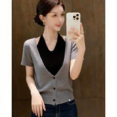 批发夏季高级感巨好看小众灰色短袖上衣女法式设计感假两件挂脖针织衫